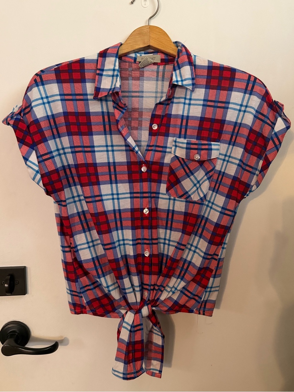 Collared Button-up Red & Blue Plaid Tie-Front Womenโs Shirt with Pocket